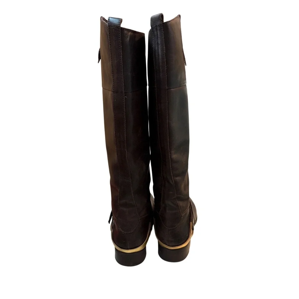 Brown Knee-High Leather‎ Riding Boots Side Strap Gold Buckle Accent Women's Sz 9